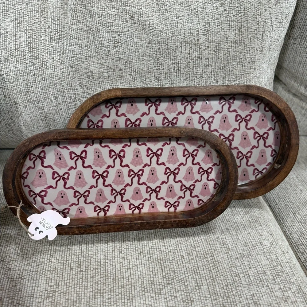 Made in India Wooden HALLOWEEN PINK GHOST & BOWS TRAYS